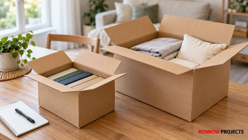 Books packed in a smaller cardboard moving box beside a larger box containing bedding and pillows.