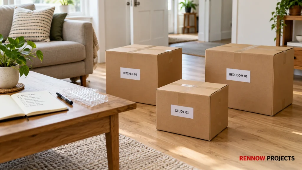 Cardboard moving boxes labelled Kitchen 01, Bedroom 01 and Study 01 beside a notebook and bubble wrap.